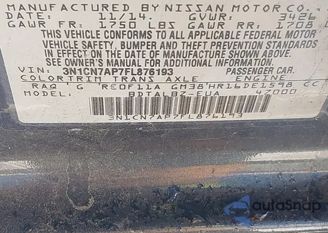 2015 Nissan Versa S from USA, damaged, VIN 3N1CN7AP7FL876193